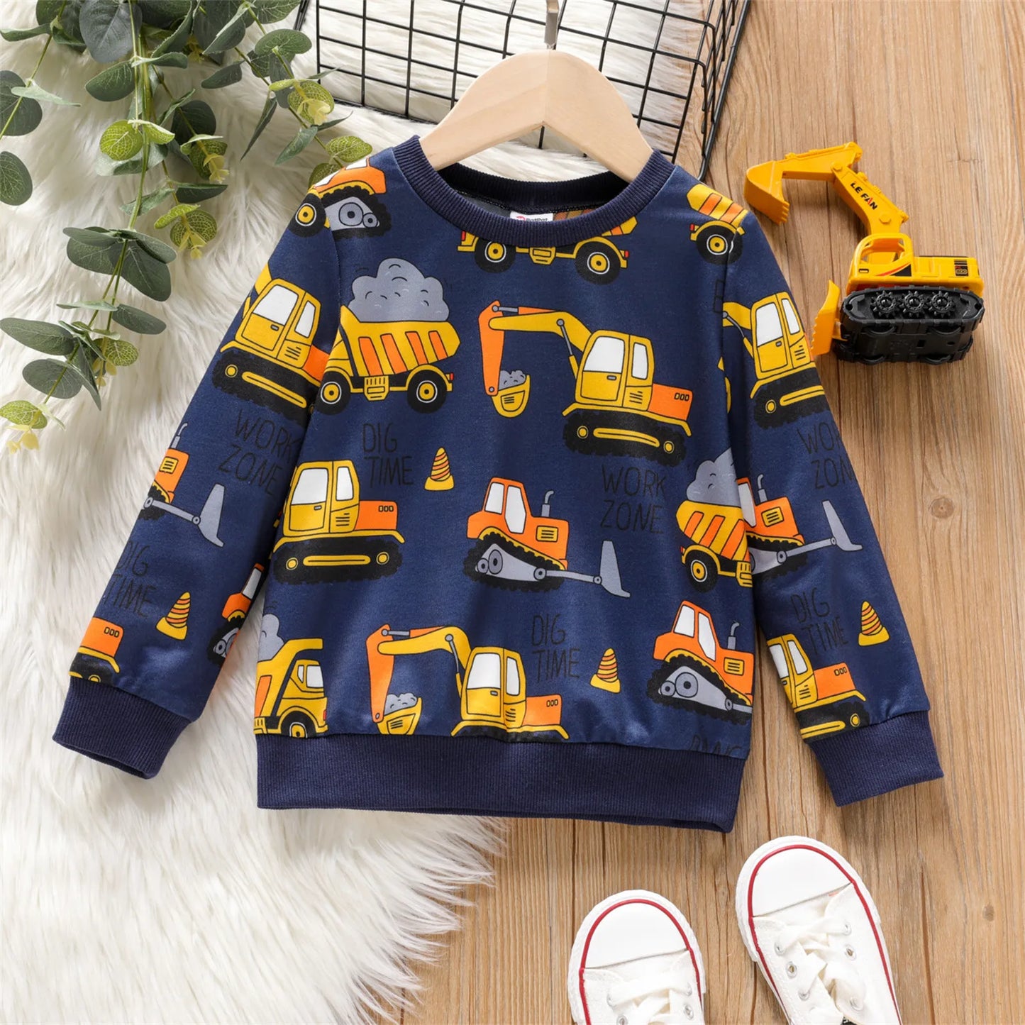 PatPat Toddler Boy Vehicle Excavator Print Pullover Sweatshirt