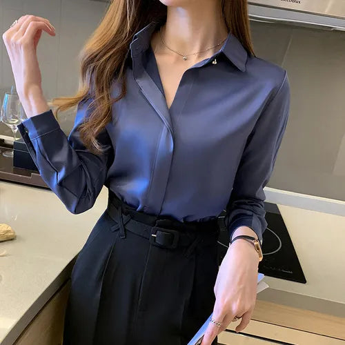 Satin Women's Shirt Long Sleeve Fashion Woman Blouse Female Shirts and Blouse