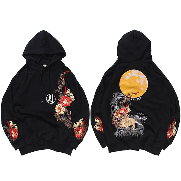 2023 Men Hip Hop Hoodie Sweatshirt Embroidered Floral Full Moon Rabbit Pullover