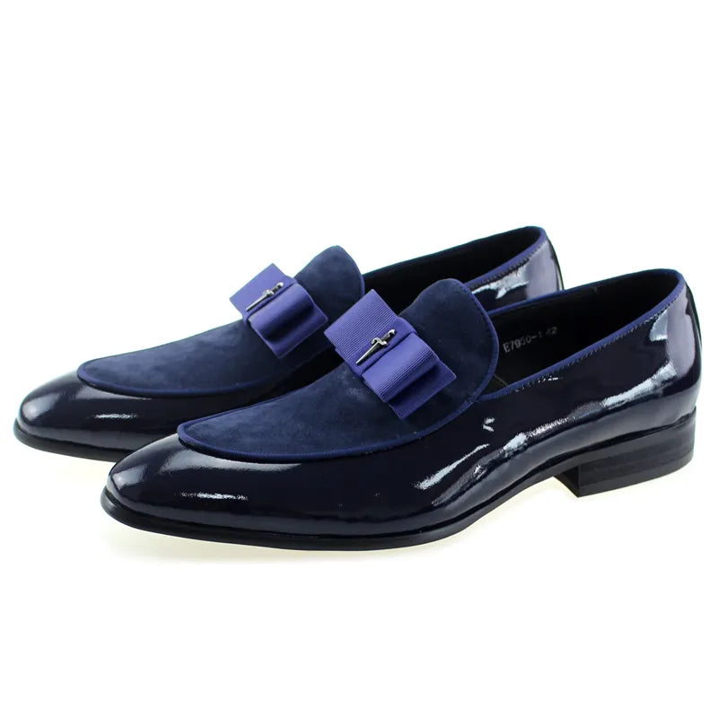 Handmade Mens Loafer Shoes Genuine Patent Leather Suede Patchwork With Bow