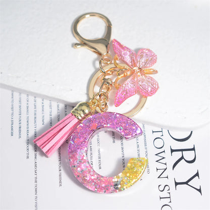 Cute Resin A-Z Initials Letter Keychain Pink Sparkle Butterfly Tassel Pendant