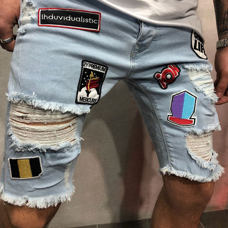 New Men's Ripped Embroidered Patchwork Men Denim Jeans Short Jeans