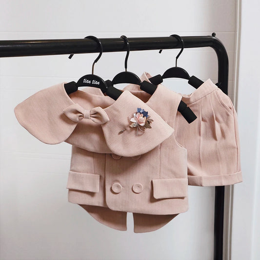 Baby Boy Girl Suit Pink Tuxedo Formal Clothing Sets Short Sleeve Kids