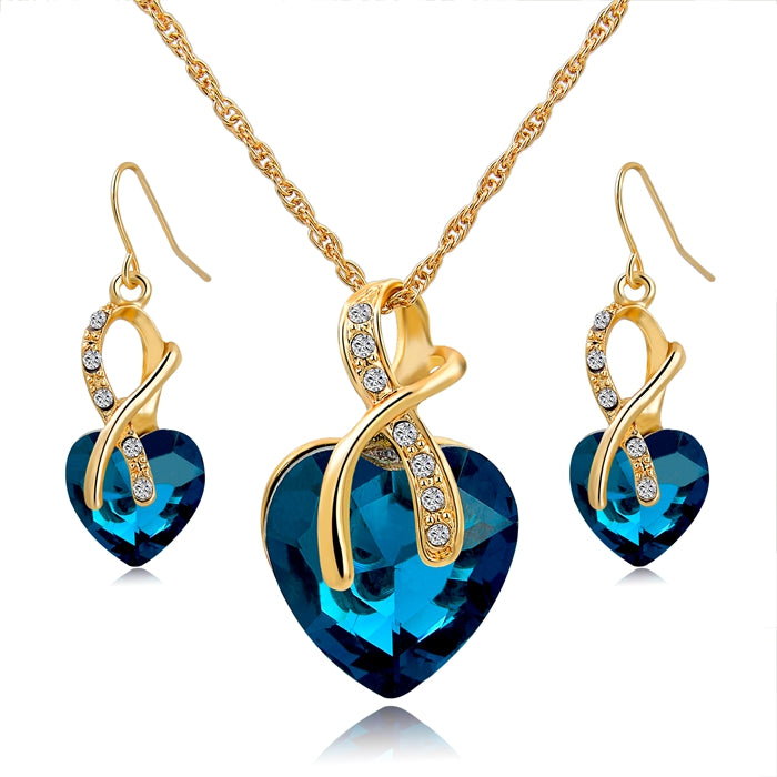 Longway Austrian Crystal Necklace Earrings Set Gold Color Heart Crystal Jewelry