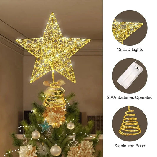 Iron Glitter Christmas Tree Topper Star With LED Copper Lights Merry Christmas