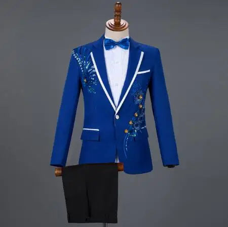 White Embroidered Diamond Suit Men Wedding Groom Tuxedo