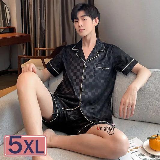 M-5xl 2022 New Summer Short Black Plaid Silk Pajama for Men Loungewear Homewear