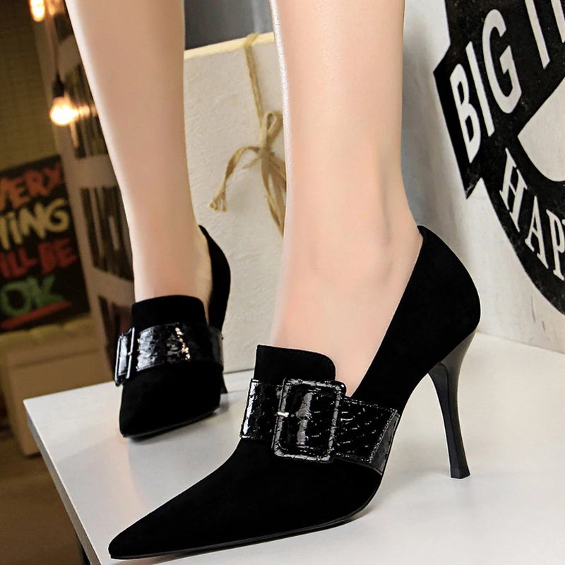 BIGTREE Serpentine Pumps Belt Buckle High Heels Suede Women Heel 9.5 Cm Shoes