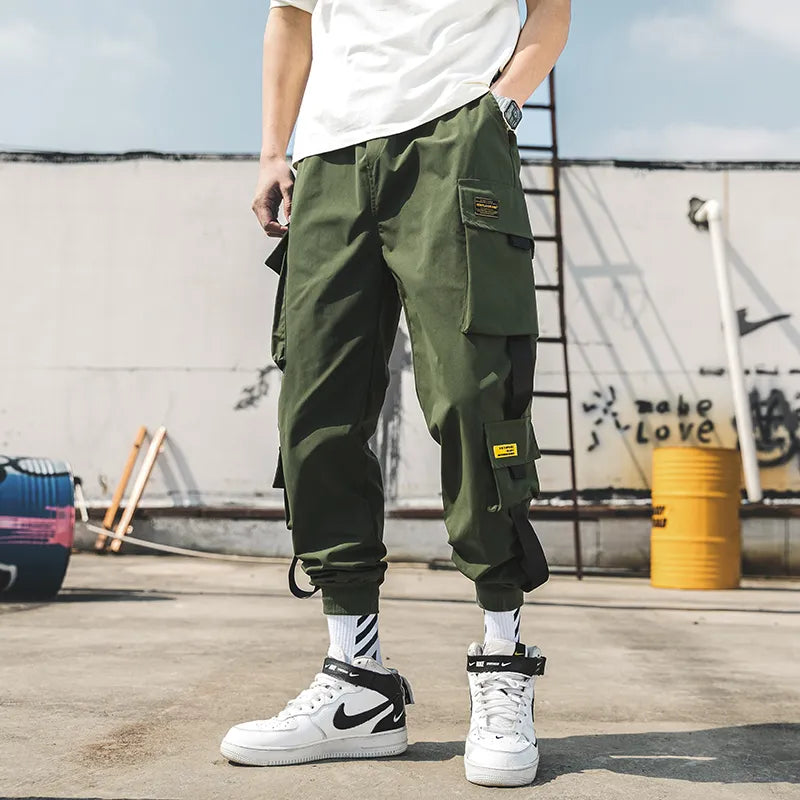 New Hip Hop Joggers Cargo Pants Men Harem Pants Multi-Pocket Ribbons