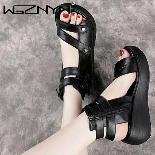 Women Summer Sandals Mid Heels Wedges Shoes Ladies Vintage  Leather Slipper