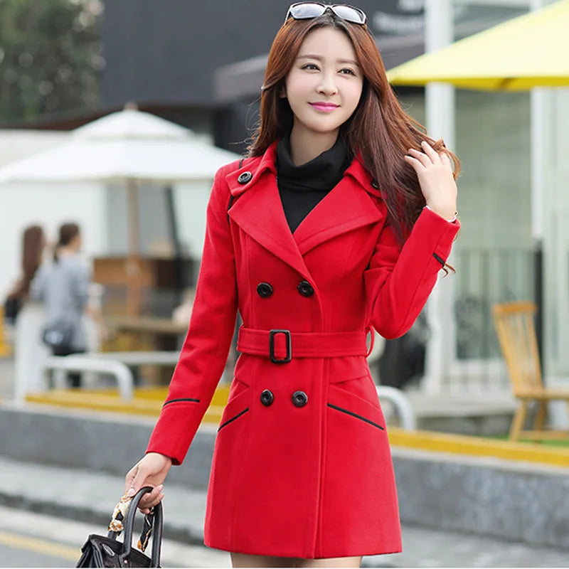 Autumn Winter Women Woolen Long Fashion Slim-Fit Double-Breasted Jacket