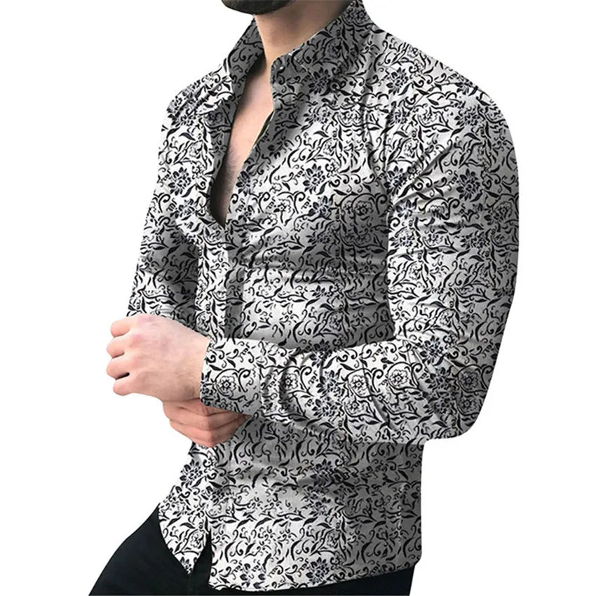 Fashion Men Shirt Long Sleeve Top 2021 Floral Male Blouse Casual Shirts