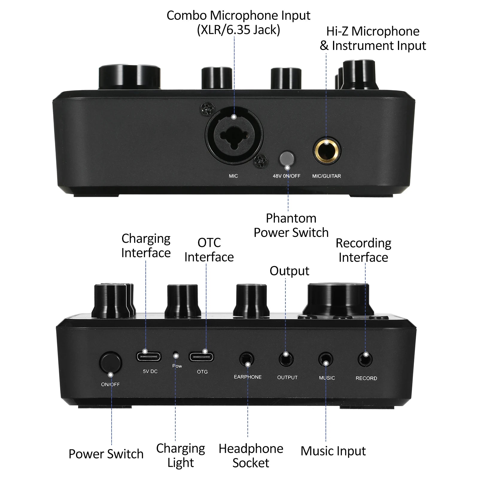 Professional Sound Card Preamplifier Chargeable XLR Microphone Jack 5 Sound