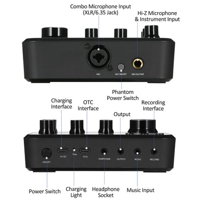 Professional Sound Card Preamplifier Chargeable XLR Microphone Jack 5 Sound