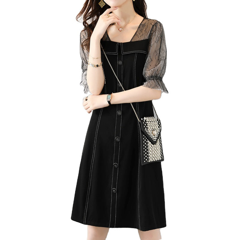 2022 Women Dresses Button Decor Half Puff Mesh Sleeve Korean