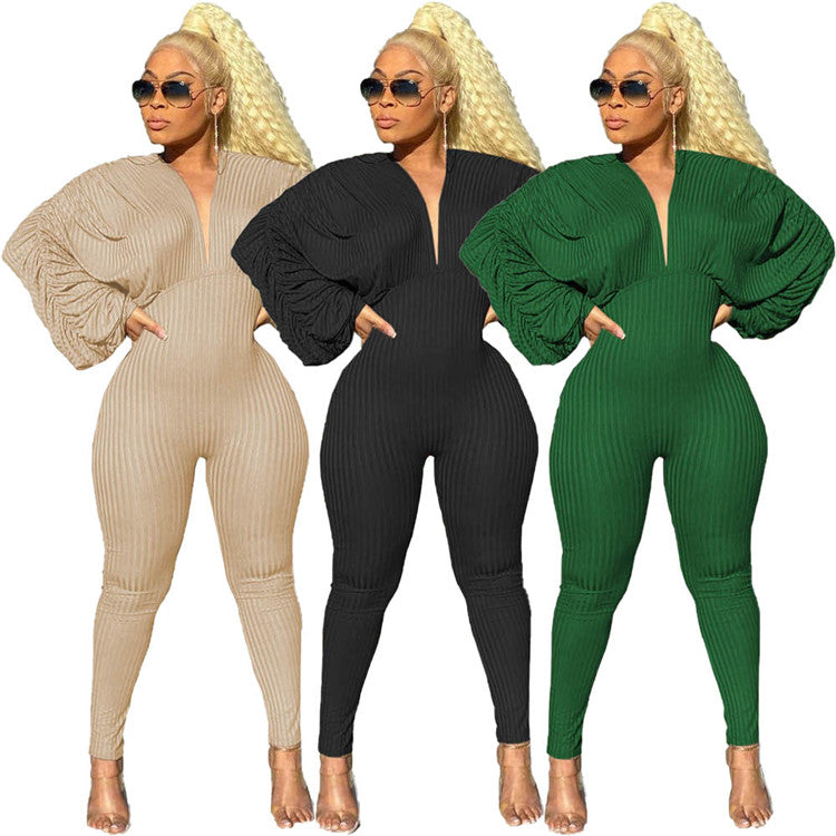 2021 Fall Winter Bodycon One Piece Rompers Stacked Long Sleeve