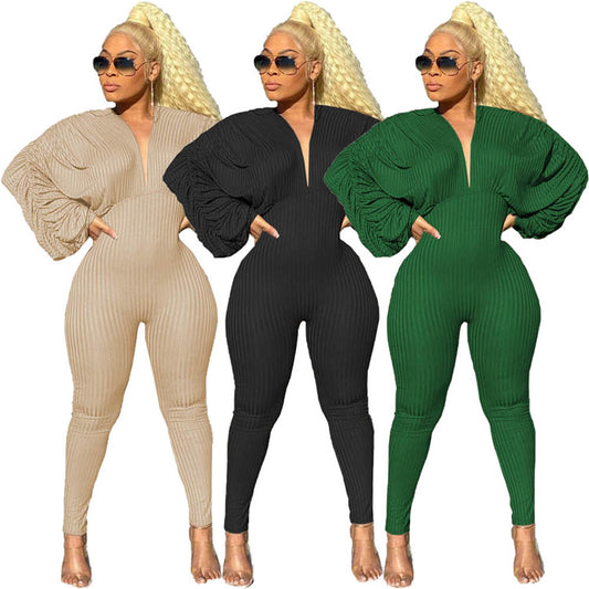 2021 Fall Winter Bodycon One Piece Rompers Stacked Long Sleeve