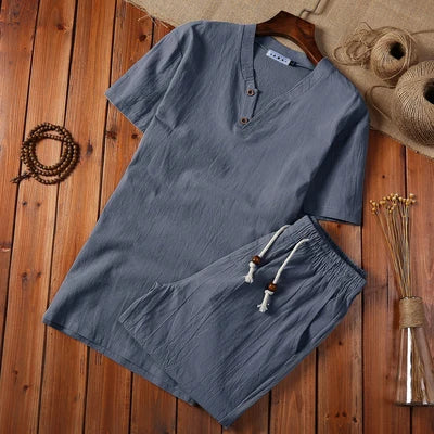 (Shirt + Shorts) 2021 Summer Fashion Men Shirt Cotton and Linen