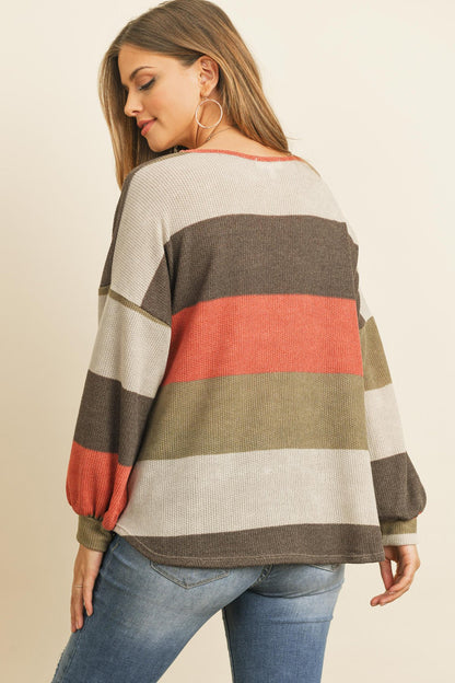 Rib Multicolor Stripes V-Neck Puff Sleeves Top