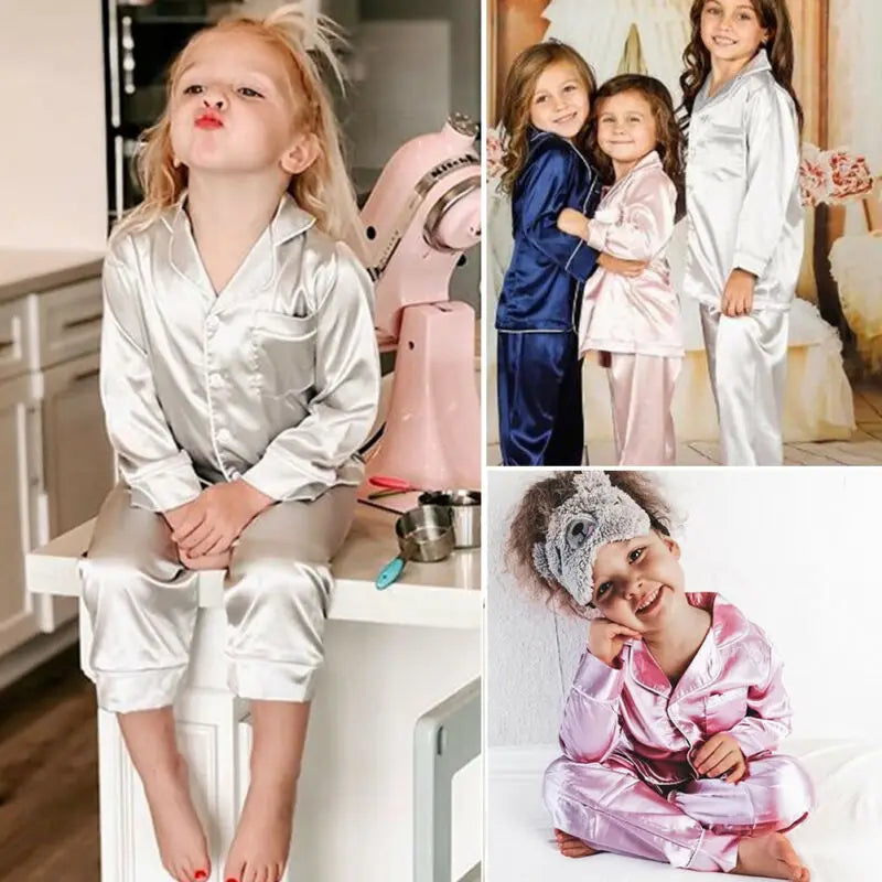 1-7y Child Kids Baby Boy Girls Pajama Sets Long Sleeve v Neck Tops Pants Solid