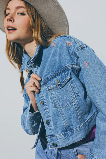 Cropped Denim Jacket With Embellished Hearts in Mid Wash