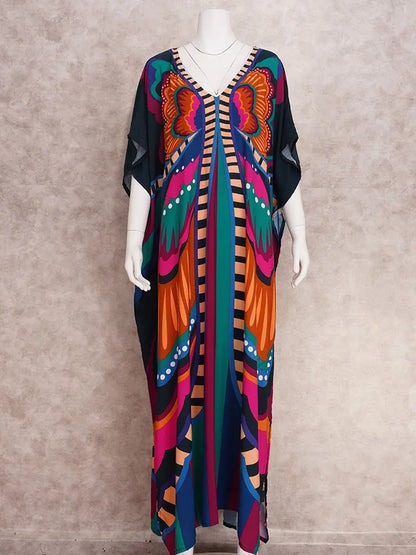 2023 Multicolored Kaftan Bohemian Printed V-Neck Batwing