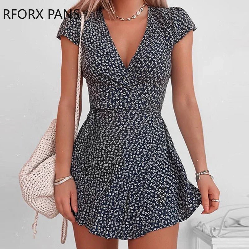 Women V-Neck Floral  Short Sleeve Mini Dress  Elegant Bodycon Sexy Casual  Dress