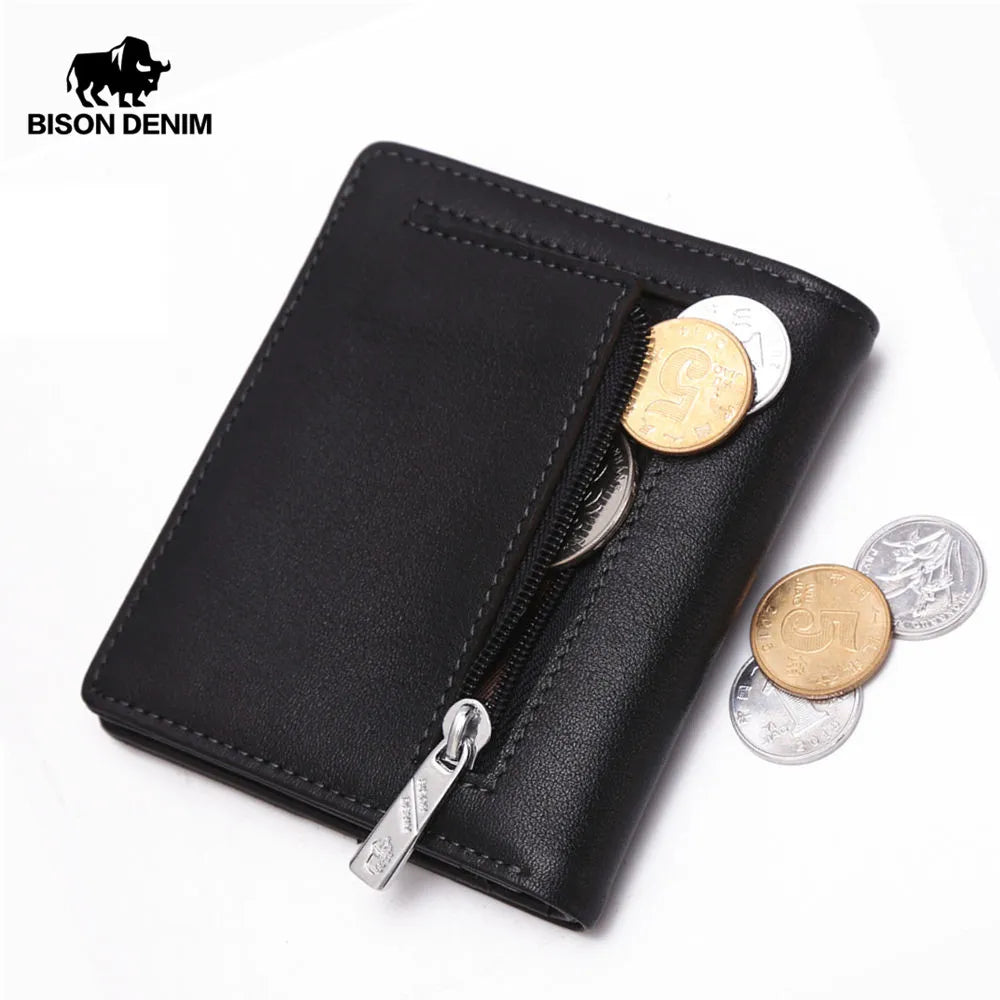 BISON DENIM Fashion Purse Men's Genuine Leather Wallet RFID Blocking Mini Wallet