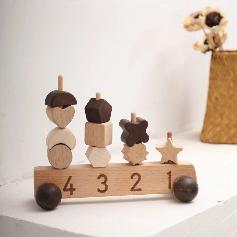 1set Montessori Thread Toys Wooden Car Shape Number Match Blocks Puzzles