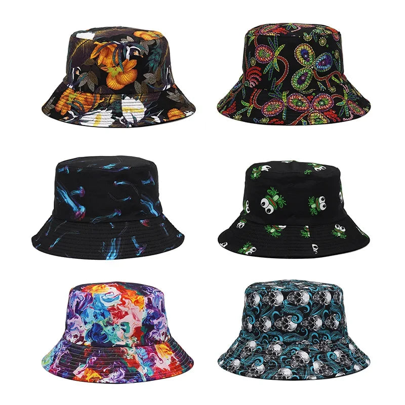 2024 New Summer Graffiti Bucket Hat for Women Men Skull Floral Outdoor Hat