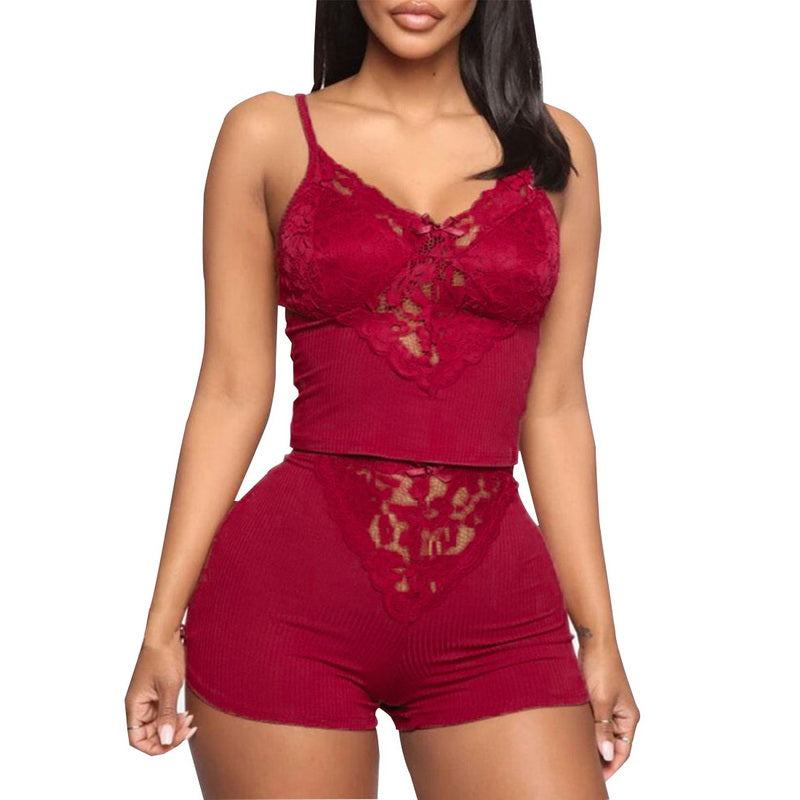 Sleeveless Ribbed Nightwear 2 Piece Lace Sleepwear Pajamas Womens