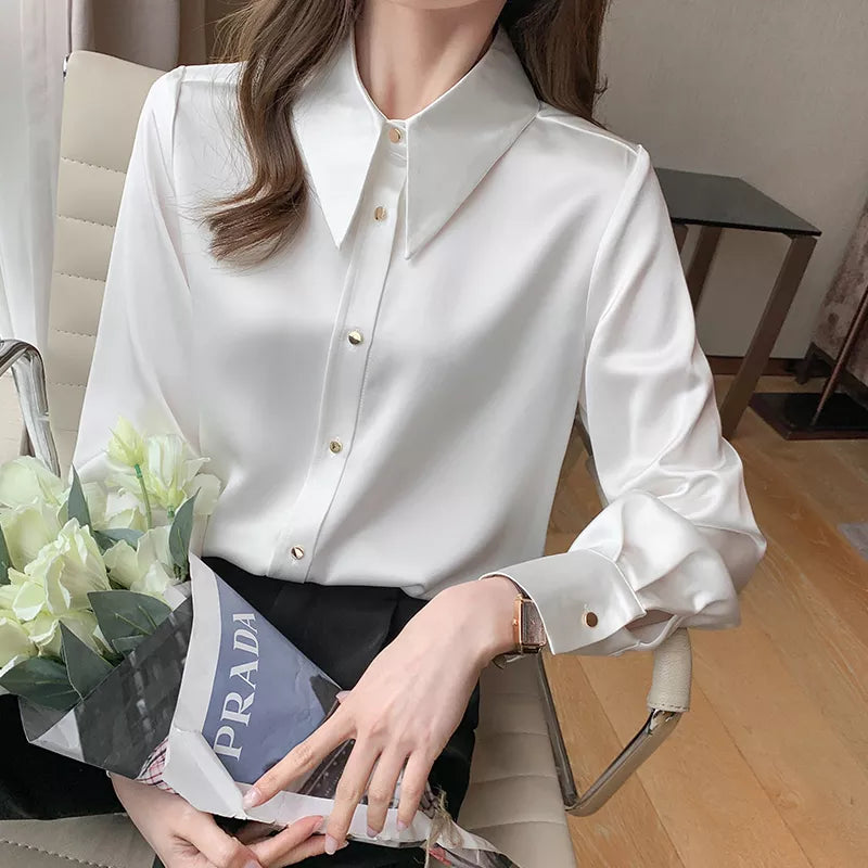 Korean Silk Women Shirts Satin Blouses Women Long Sleeve Shirts