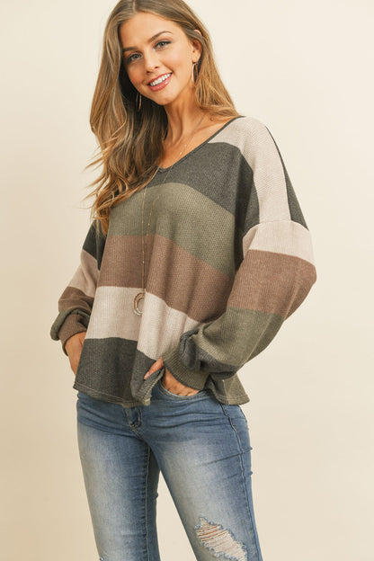 Rib Multicolor Stripes V-Neck Puff Sleeves Top