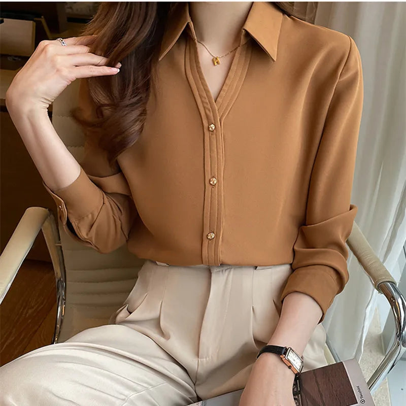 Korean Fashion Women Silk Shirts Satin Blouses Women Long Sleeve Shirts