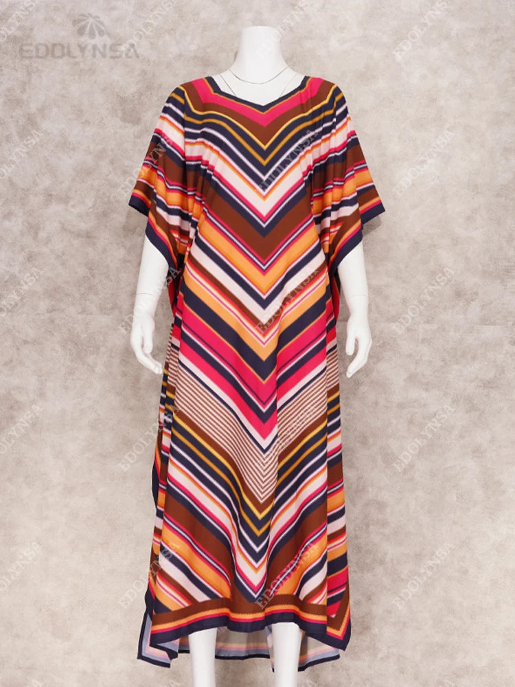 2023 Elegant Striped Kaftan V-Neck Half Sleeve Maxi Dress