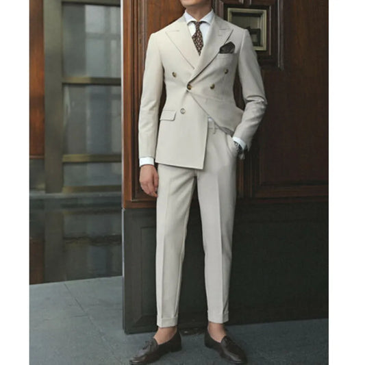 2024 Mens Suits Double Breasted Beige Suit for Man Peak Lapel