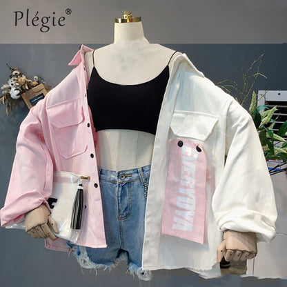 Plegie Harajuku Oversize Patchwork hooded Jacket Women Hip Hop Streetwear Loose