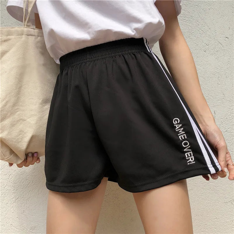 Shorts Harajuku Letter Embroidery Sweet Loose Striped Elastic Waist Women