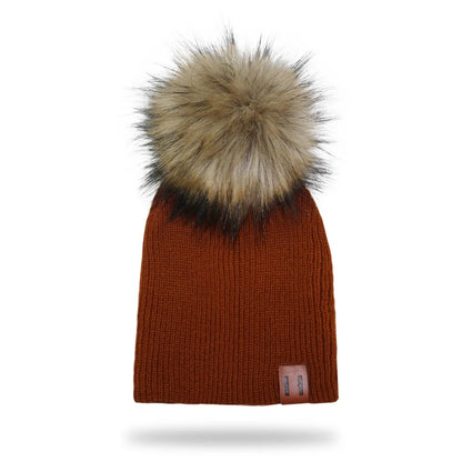 Winter Kids Boy Girl Leather Labled Knitted Artificial Raccoon Pompom Hat