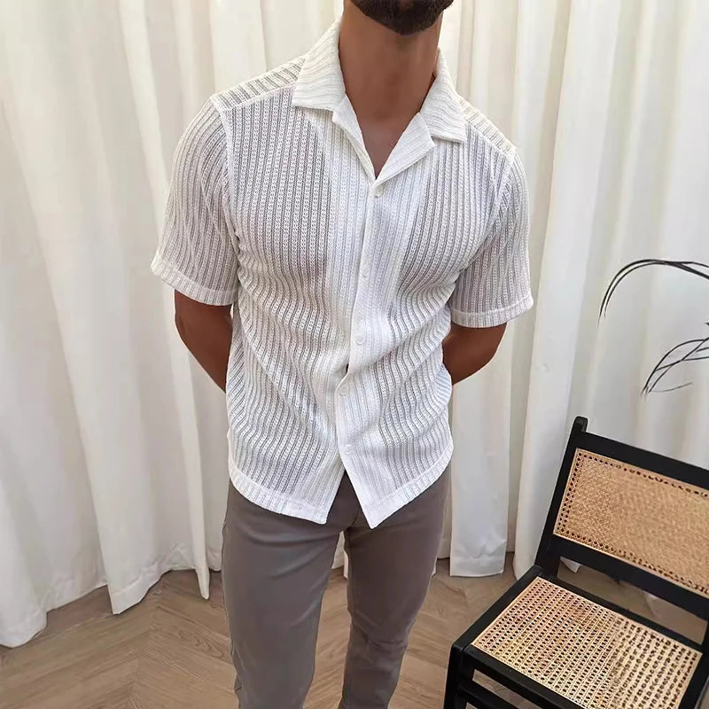 Casual Hollow Out Knitting Shirts for Mens Summer Fashionable See Through Mesh