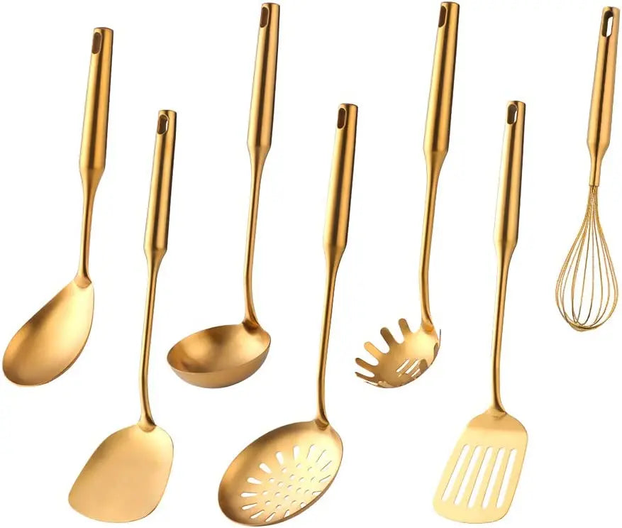 1-10pcs Stainless Steel CookwarLong Handle Set Gold Cooking Utensils Scoop Spoon