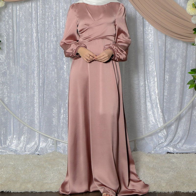 Muslim Women Solid Color Long Sleeve Long Maxi Dress Spring