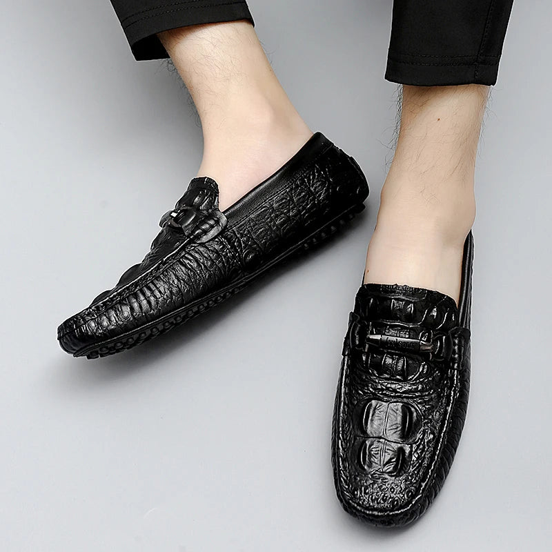 Mens Slip on Moccasins Men's Crocodile Pattern Loafers Genuine Leather Summer