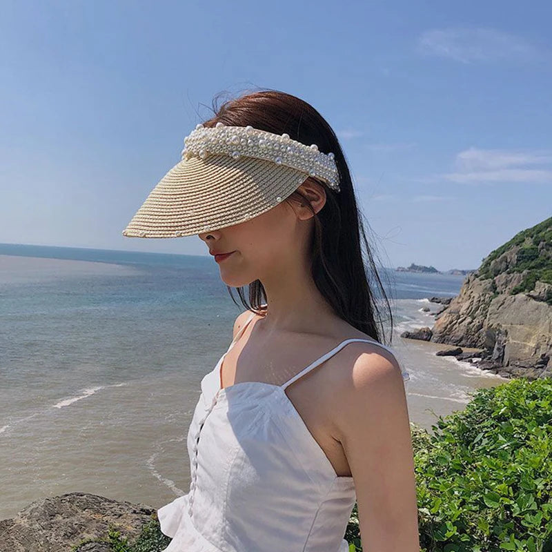 2022 New Pearls Women Summer Hat Female Elegant Pearl Straw Sun Hat