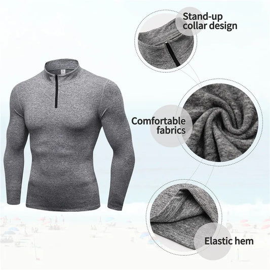 Winter Long Sleeve Zipper Sport Shirt Men , Fitness Tights  Running T Shirt