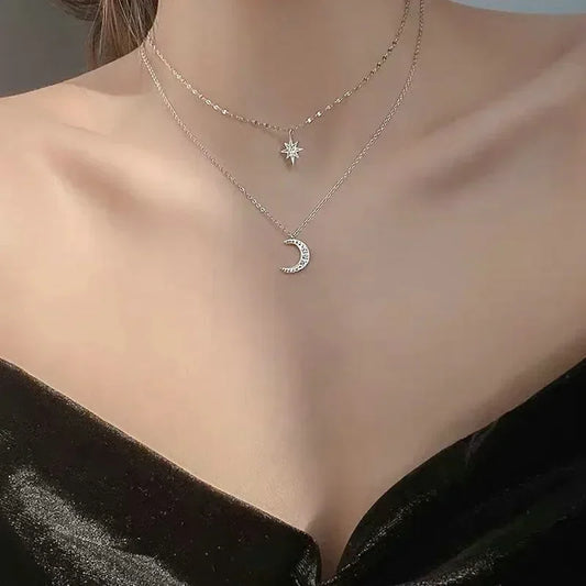 925 Silver Necklace for Women Double Layer Zircon Star Moon Pendant Necklace