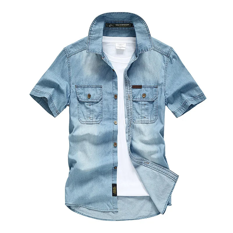 Summer Brand Denim Shirt Men Cotton Short Sleeve Turn-Down Collar Mens Shirts