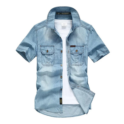 Summer Brand Denim Shirt Men Cotton Short Sleeve Turn-Down Collar Mens Shirts