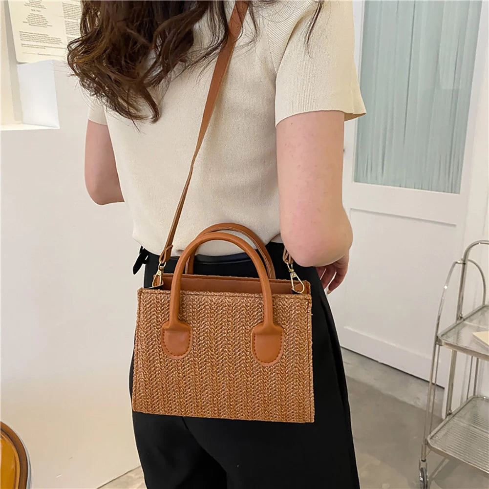 Summer Beach Straw Crossbody Bags Small Top-Handle Bags Handmade Woven Leather