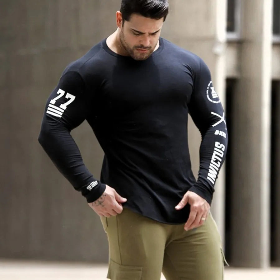 Men Skinny Long Sleeve Shirt Spring Casual Fashion Print T-Shirt Gym